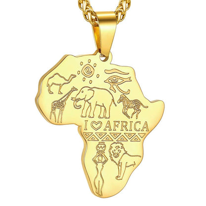 GOLDCHIC JEWELRY Africa Map Necklace for Men, Stainless Steel African Tribal/Egyptian Eye of Horus/I LOVE AFRICA/Elephant Map Hiphop Jewelry Unisex with 22'+2'Adjustable Chain