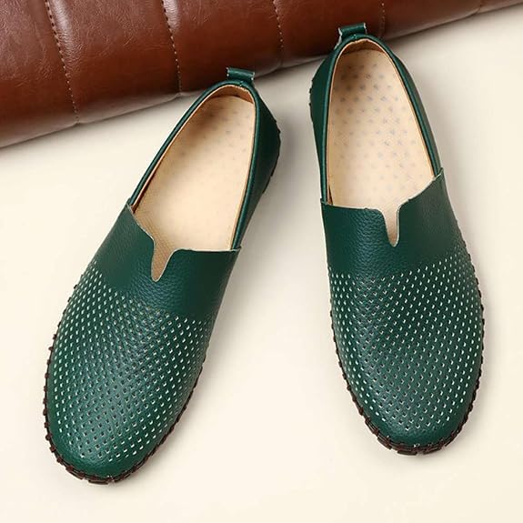 Men's Genuine Leather Loafer Shoes Slip On Soft Walking Shoes Perforated Driving Shoes