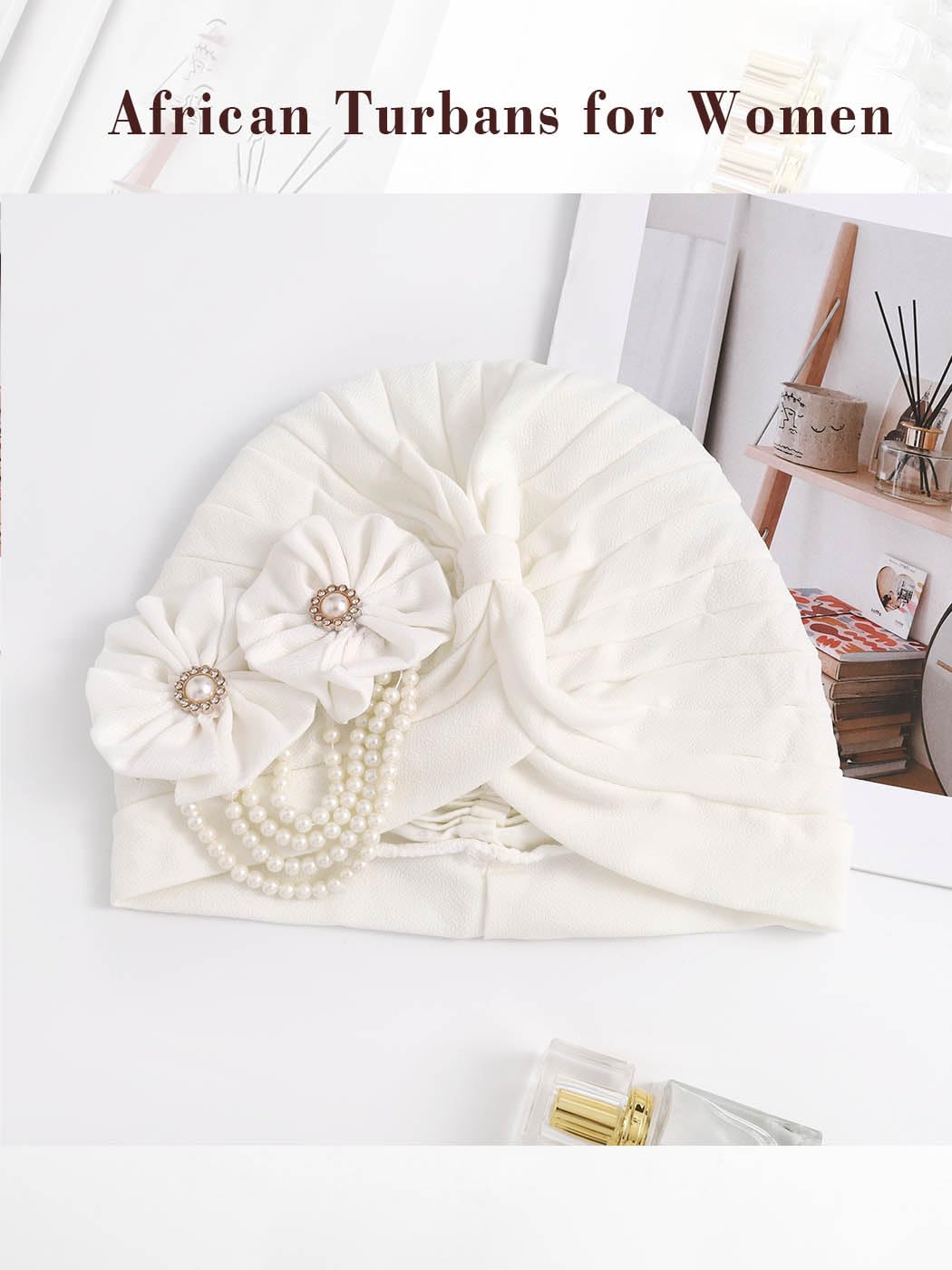 Woeoe Pearl Flower African Hats Pre-Tied Turbans Stretchy Twisted Church Wedding Head Wraps for Women