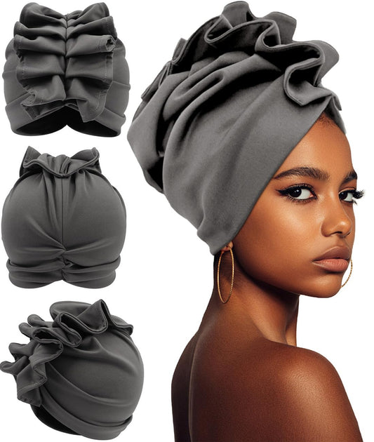 Babalet Stretch Turban Hats for Women, African Double-Layered Headwraps Soft Pre Tied Pleated Ruffled Hat