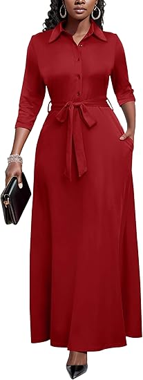 Runwind Women Church Maxi Dresses 3/4 Sleeve Button Down Print Casual Office Dress African