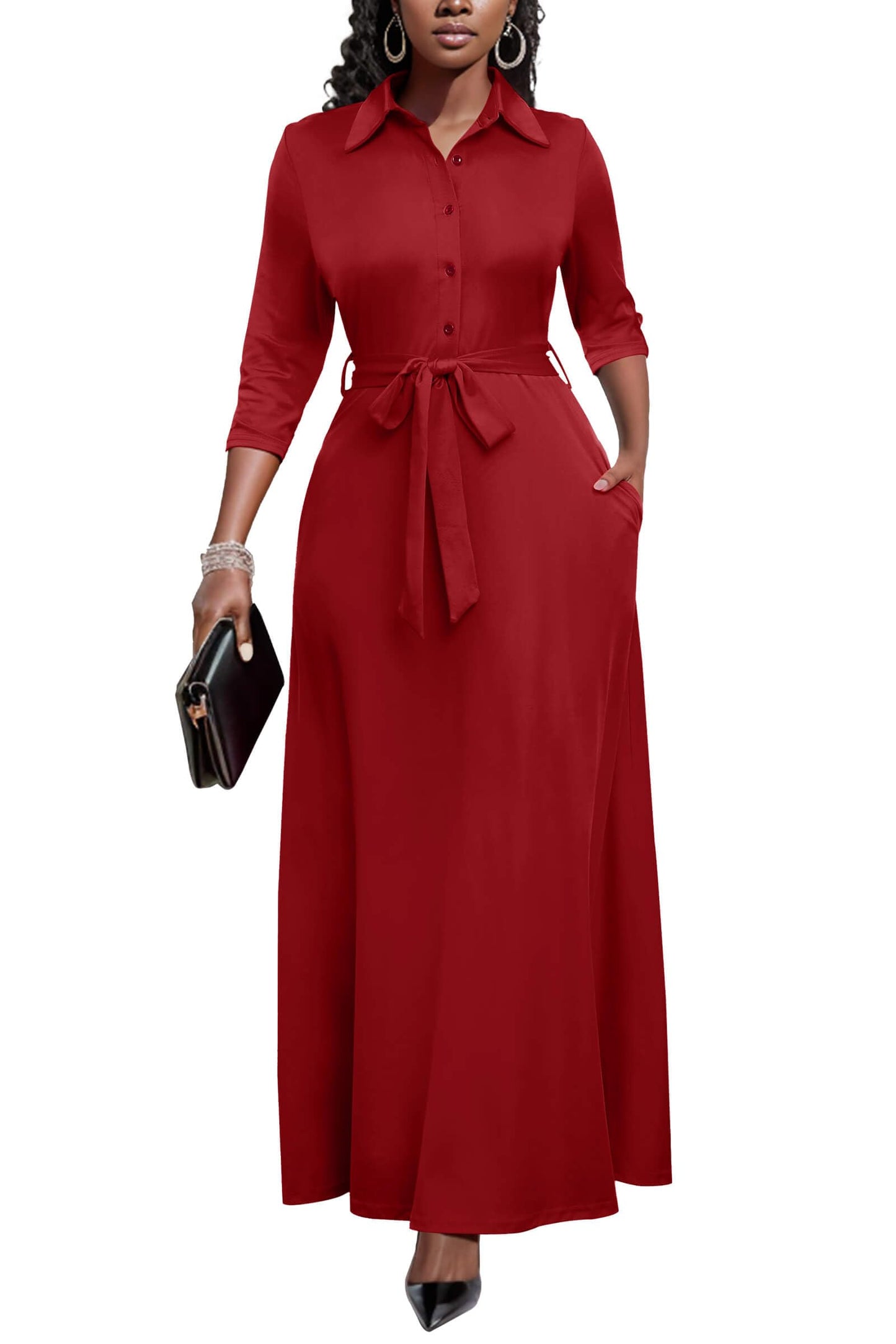 Runwind Women Church Maxi Dresses 3/4 Sleeve Button Down Print Casual Office Dress African