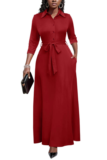 Runwind Women Church Maxi Dresses 3/4 Sleeve Button Down Print Casual Office Dress African