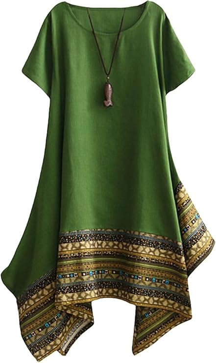 Minibee Women's Ethnic Cotton Linen Short/Long Sleeves Irregular Dress