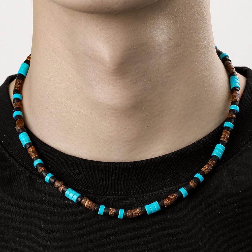 Beaded Necklace for Men,Handmade Men Turquoise Beaded Choker,Natural Wood Bead Necklaces Africa Wooden Chain Statement Unisex Strand Necklaces Hip Hop Beach Jewelry