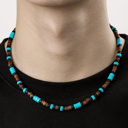 Beaded Necklace for Men,Handmade Men Turquoise Beaded Choker,Natural Wood Bead Necklaces Africa Wooden Chain Statement Unisex Strand Necklaces Hip Hop Beach Jewelry