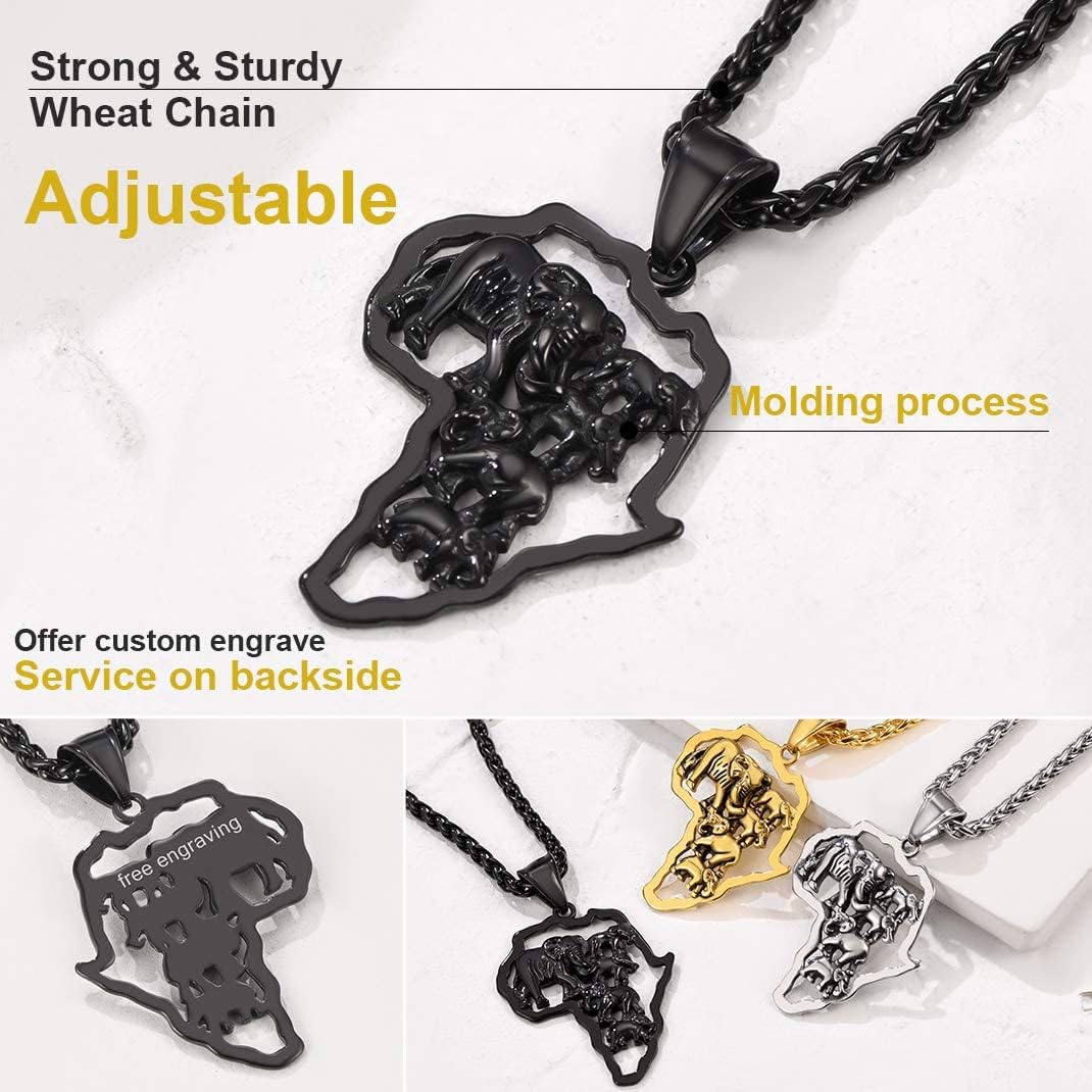 GOLDCHIC JEWELRY Africa Map Necklace for Men, Stainless Steel African Tribal/Egyptian Eye of Horus/I LOVE AFRICA/Elephant Map Hiphop Jewelry Unisex with 22'+2'Adjustable Chain