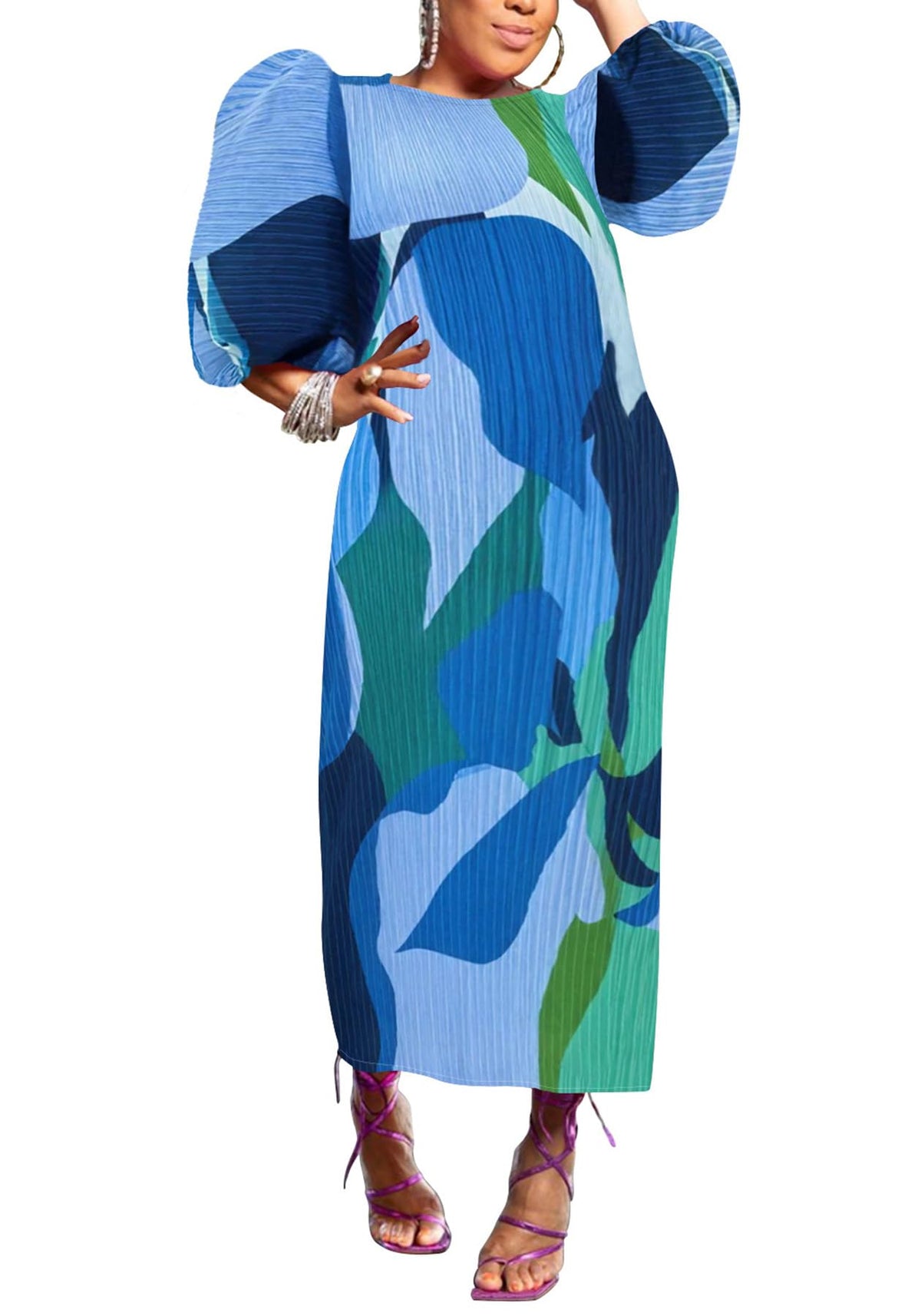 Women Colorful African Dress Floral Party Pleated Maxi Dress