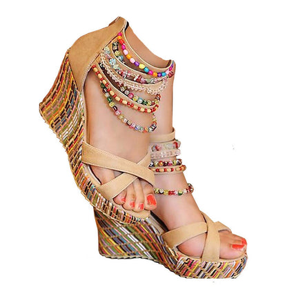 getmorebeauty Women's Wedge Sandals With Pearls Across The Top Platform Sandals High Heels
