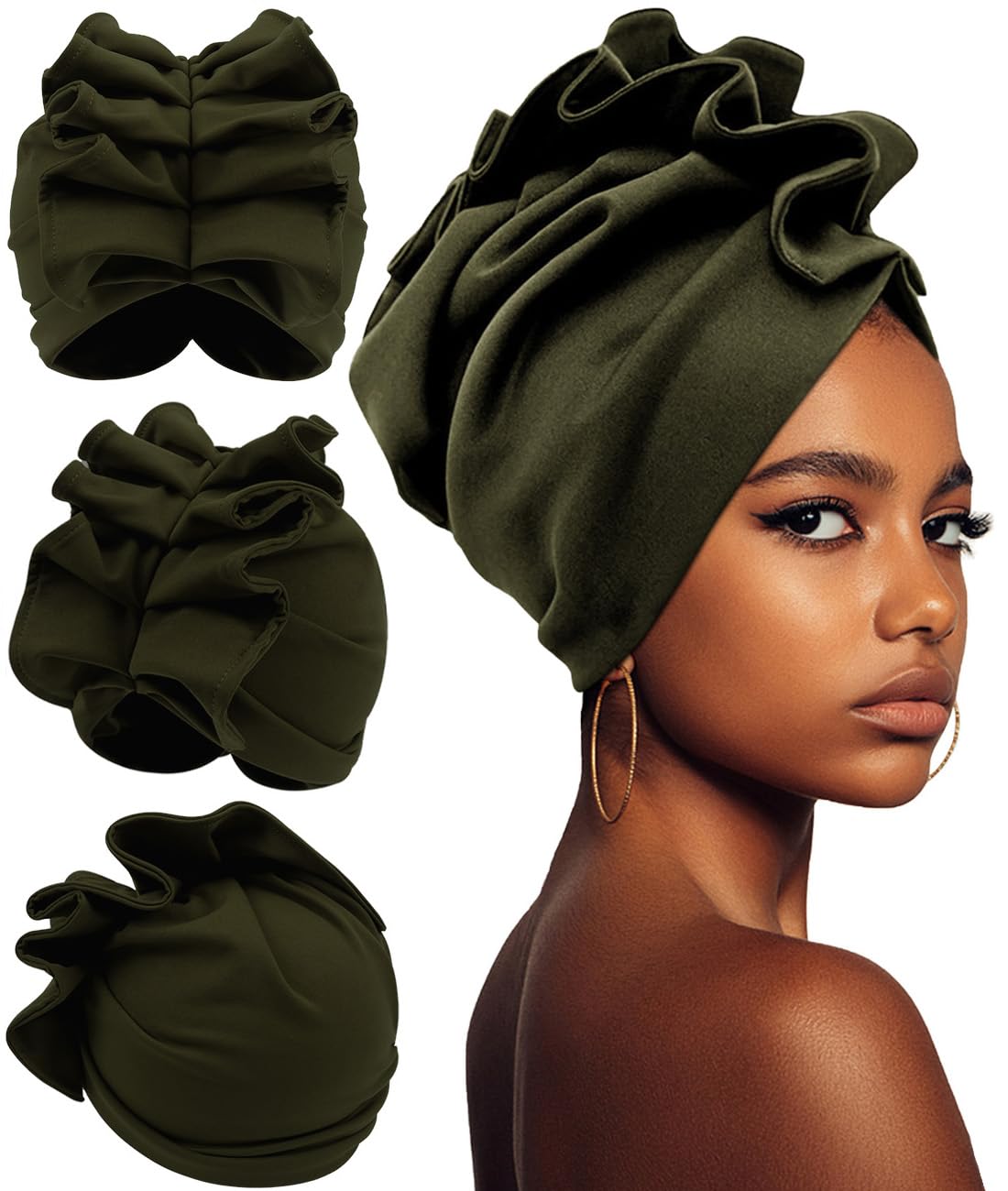 Babalet Stretch Turban Hats for Women, African Double-Layered Headwraps Soft Pre Tied Pleated Ruffled Hat