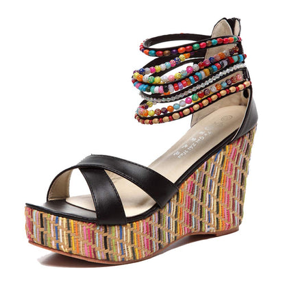 getmorebeauty Women's Wedge Sandals With Pearls Across The Top Platform Sandals High Heels