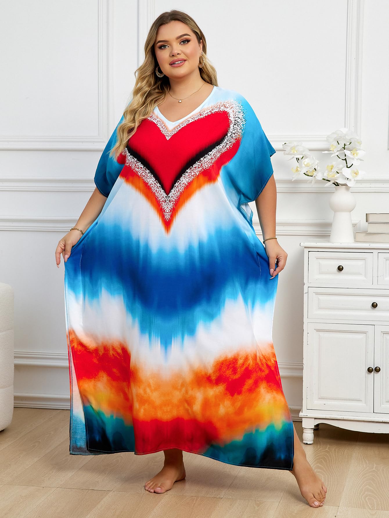KECVOT Kaftan Dresses for Women V-Neck Print Swimsuit Cover Up Plus Size Beach Caftan Lounge Dress