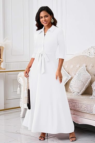 Runwind Women Church Maxi Dresses 3/4 Sleeve Button Down Print Casual Office Dress African