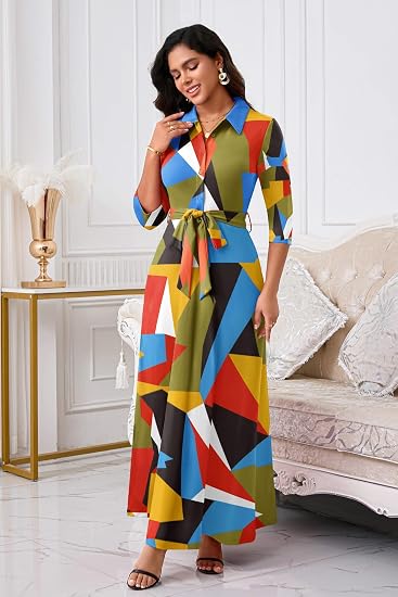 Runwind Women Church Maxi Dresses 3/4 Sleeve Button Down Print Casual Office Dress African