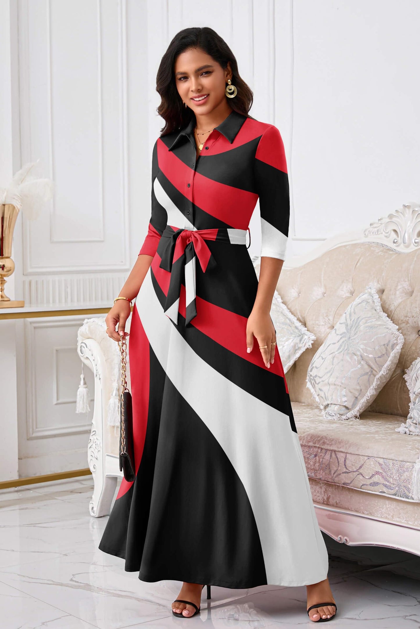 Rumwind Maxi Dresses for Women, 3/4 Sleeve Shirt Collar Casual Afircan Print Church Dress Button Down with Belt and Pockets