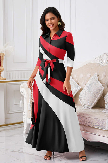 Rumwind Maxi Dresses for Women, 3/4 Sleeve Shirt Collar Casual Afircan Print Church Dress Button Down with Belt and Pockets