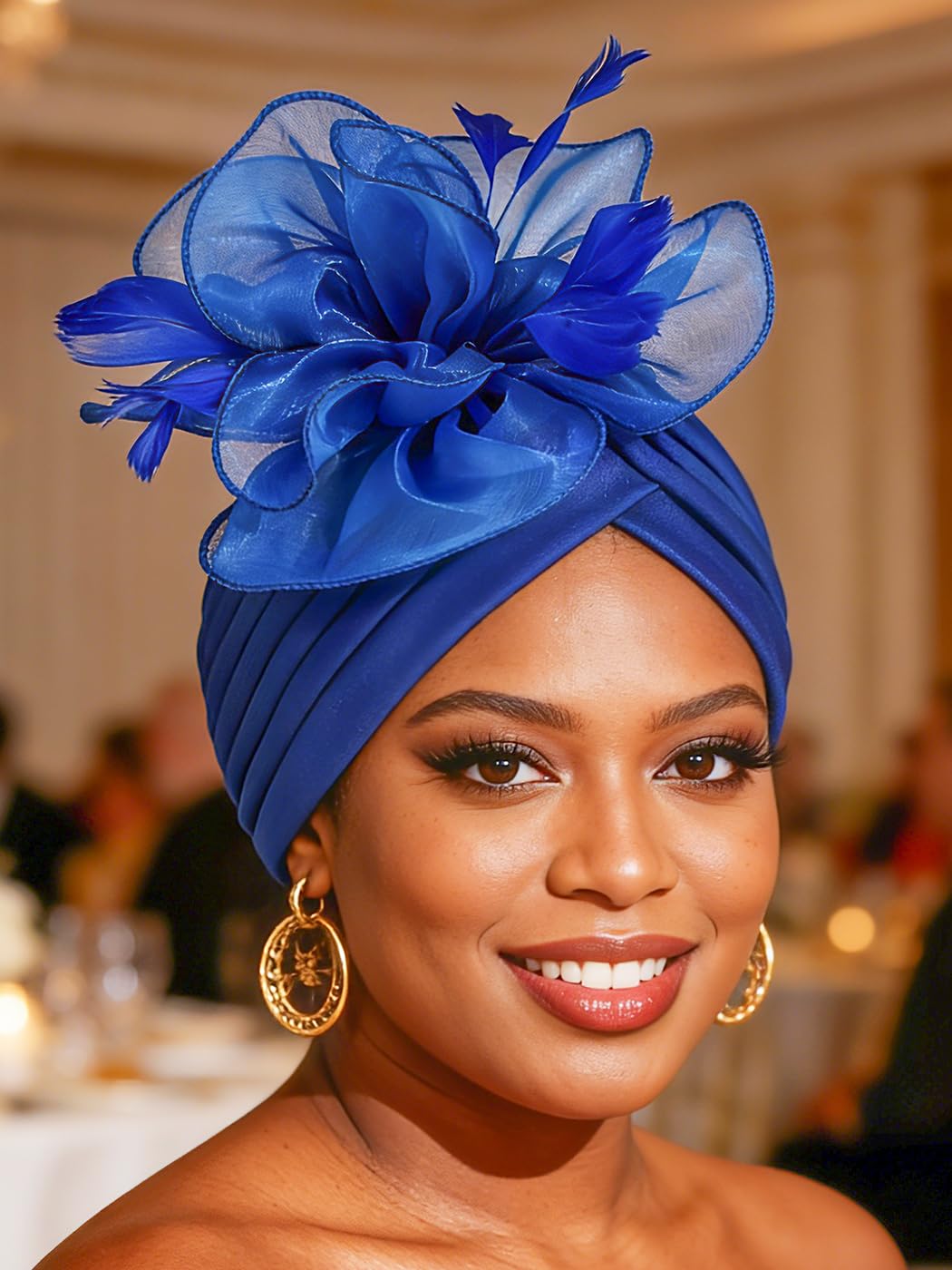 Woeoe Flower Turban Cap 20s Feather Fascinator Headwrap for Women