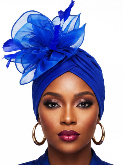 Woeoe Flower Turban Cap 20s Feather Fascinator Headwrap for Women