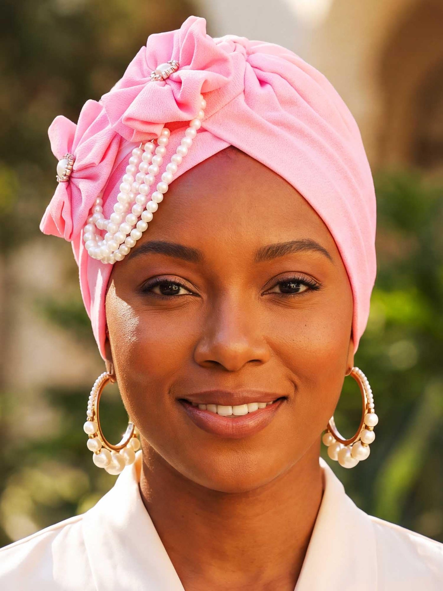 Woeoe Pearl Flower African Hats Pre-Tied Turbans Stretchy Twisted Church Wedding Head Wraps for Women