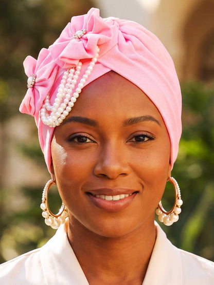 Woeoe Pearl Flower African Hats Pre-Tied Turbans Stretchy Twisted Church Wedding Head Wraps for Women