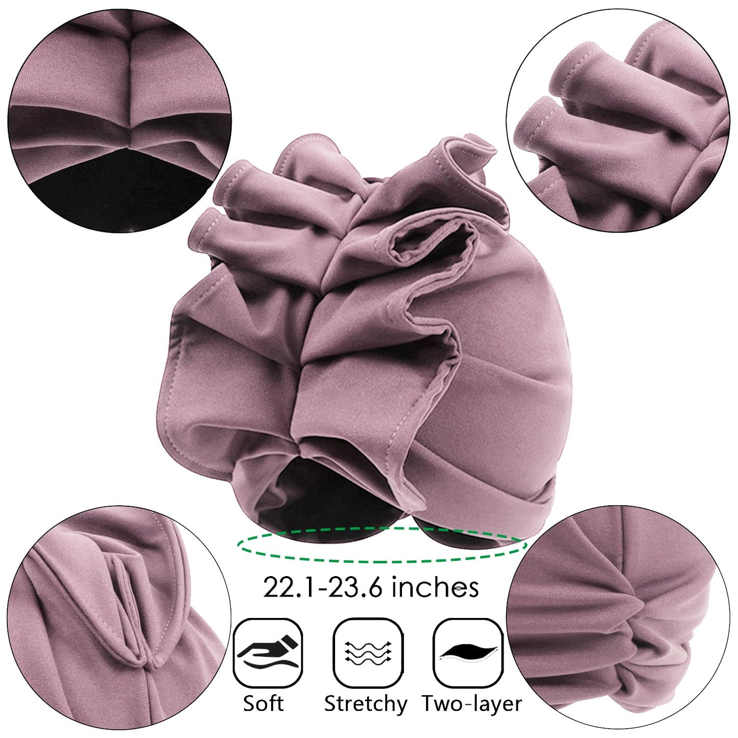Babalet Stretch Turban Hats for Women, African Double-Layered Headwraps Soft Pre Tied Pleated Ruffled Hat