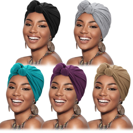 DRESHOW 5 Pack Knotted Headwraps for Women African Turban Pre-Knotted Beanie Headwraps Hair Covers