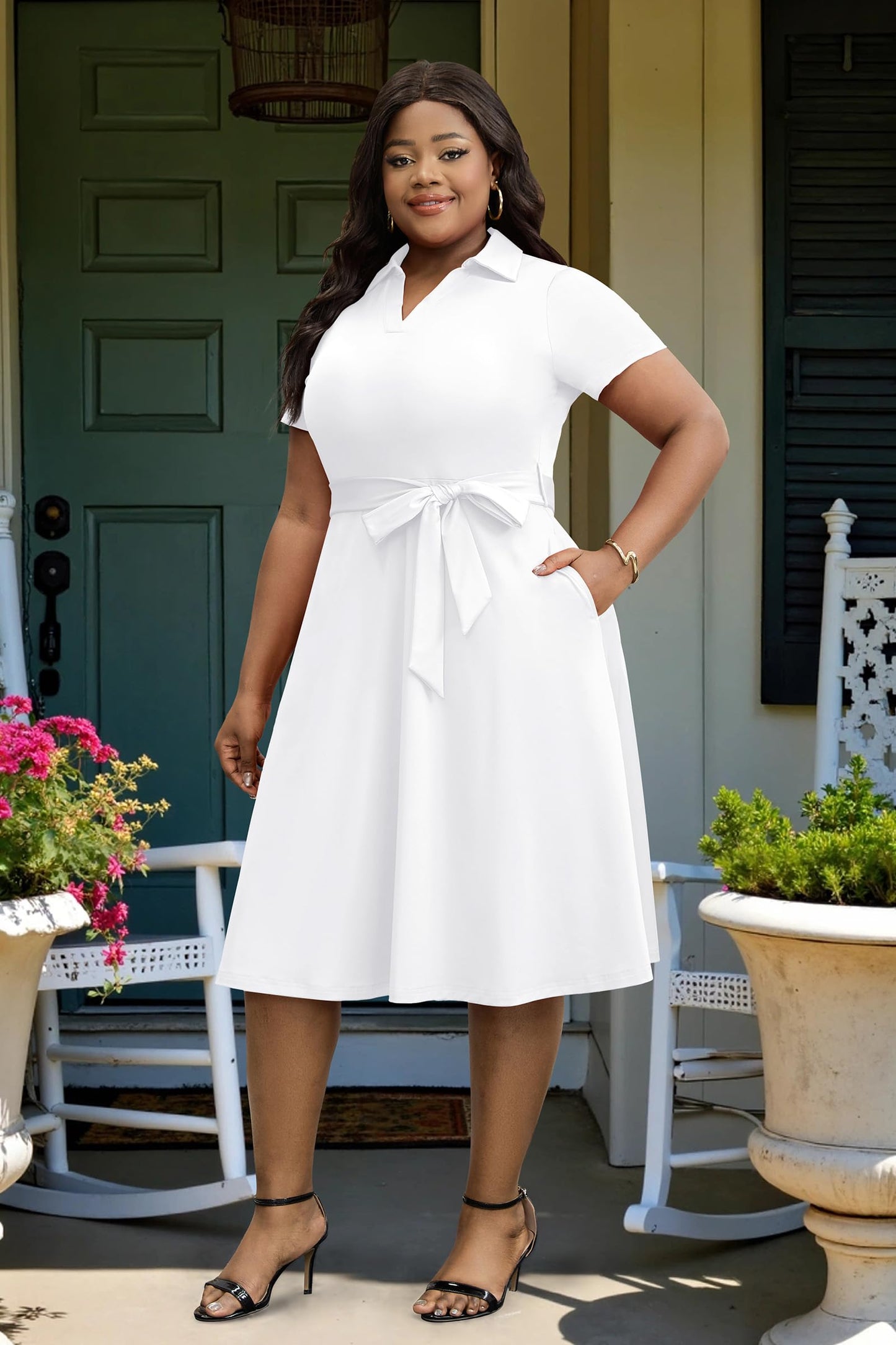 FANDEE Plus Size Dresses, Women Summer Casual V Neck Short Sleeve A-Line Work Cocktail Shirt Midi Dress with Belt and Pockets