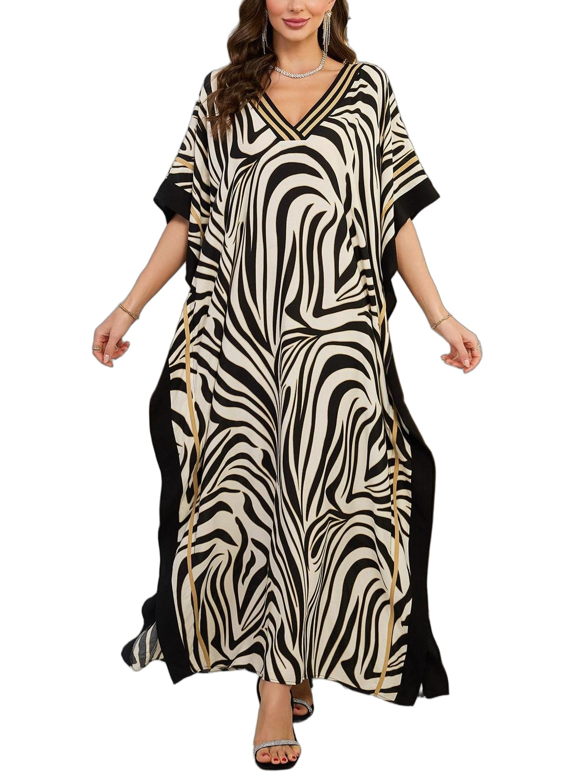KECVOT Kaftan Dresses for Women V-Neck Print Swimsuit Cover Up Plus Size Beach Caftan Lounge Dress