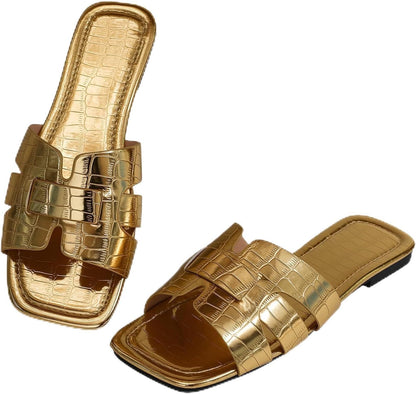 Women's Dressy Casual Flat Sandals, Elegant Comfortable Slip-On Slides with Textured Upper, Versatile Dressy Style for Everyday Wear