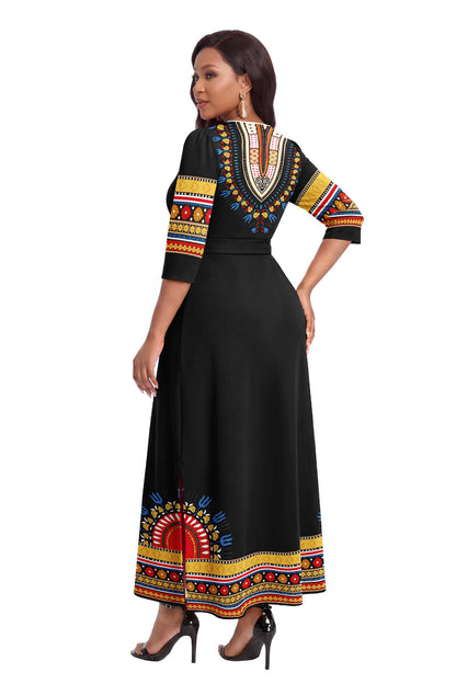 FANDEE African Attire Dresses for Women Elegant Print V Neck 3/4 Sleeve Belted Long Maxi Church Vintage Party Outfits
