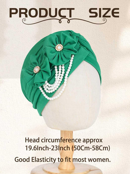 Woeoe Pearl Flower African Hats Pre-Tied Turbans Stretchy Twisted Church Wedding Head Wraps for Women