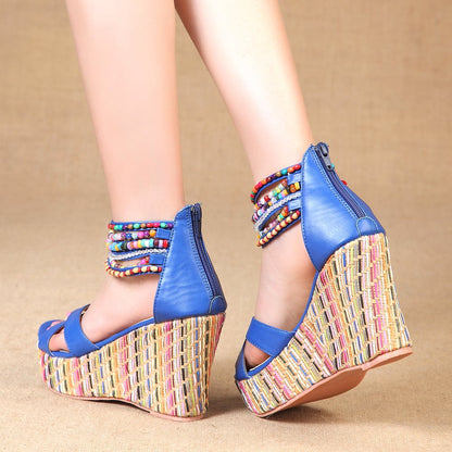 getmorebeauty Women's Wedge Sandals With Pearls Across The Top Platform Sandals High Heels
