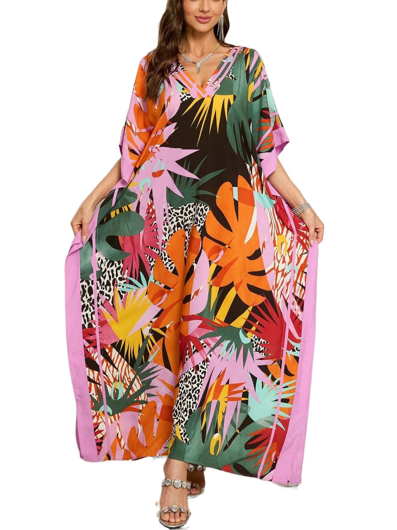 KECVOT Kaftan Dresses for Women V-Neck Print Swimsuit Cover Up Plus Size Beach Caftan Lounge Dress