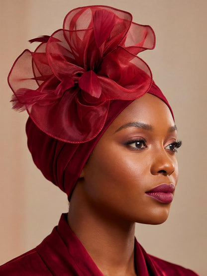 Woeoe Flower Turban Cap 20s Feather Fascinator Headwrap for Women