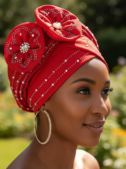 Woeoe Beanie Cap Head Wrap Black Rhinestones Head Scarf Flower Pearls Twisted Head Turban for Women Girls