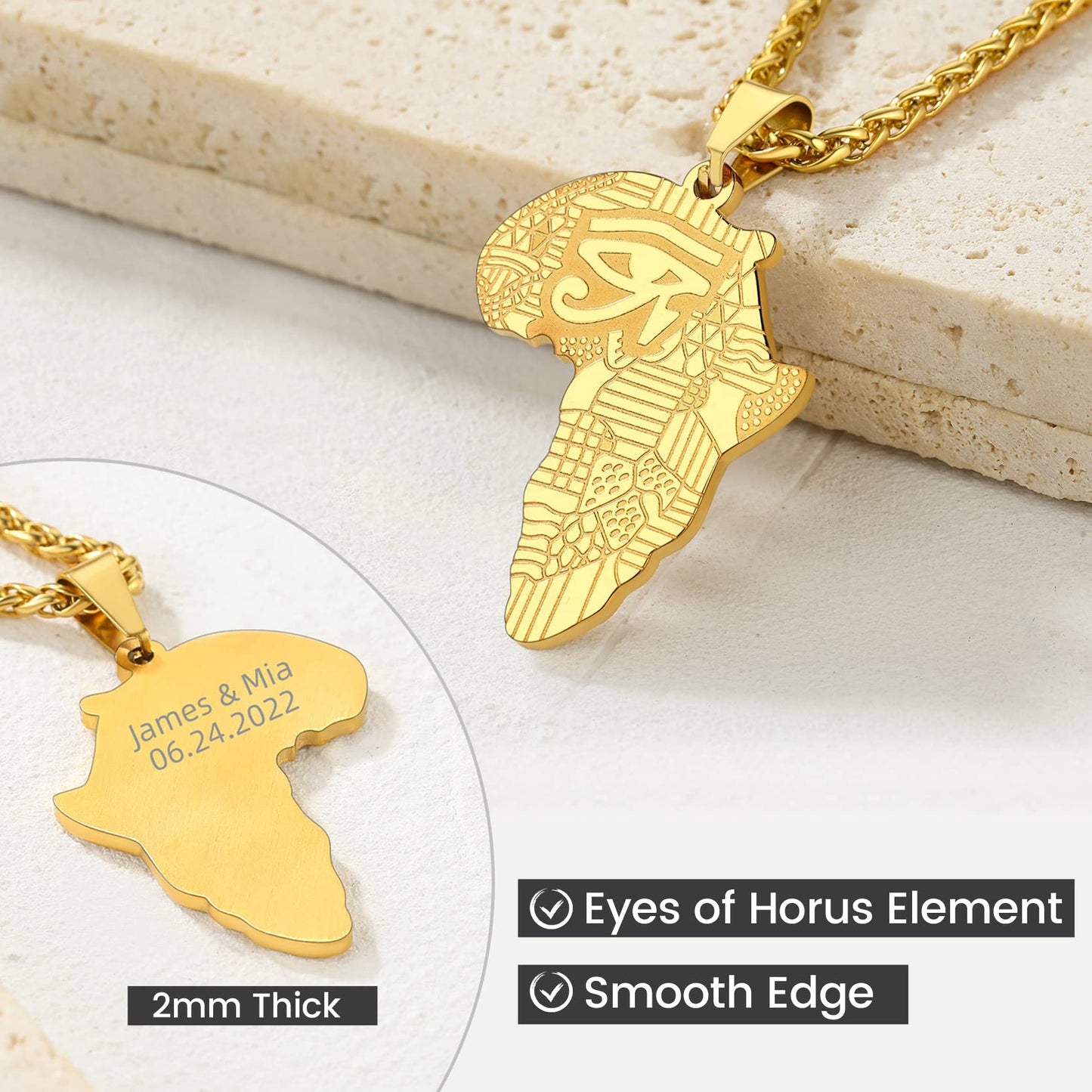GOLDCHIC JEWELRY Africa Map Necklace for Men, Stainless Steel African Tribal/Egyptian Eye of Horus/I LOVE AFRICA/Elephant Map Hiphop Jewelry Unisex with 22'+2'Adjustable Chain