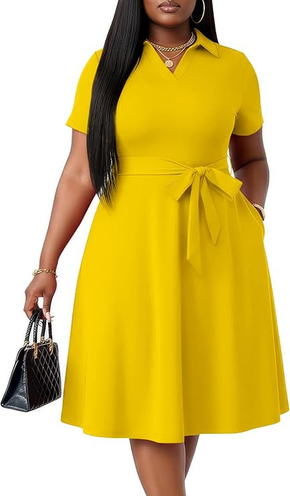 FANDEE Plus Size Dresses, Women Summer Casual V Neck Short Sleeve A-Line Work Cocktail Shirt Midi Dress with Belt and Pockets