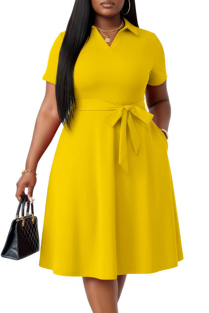 FANDEE Plus Size Dresses, Women Summer Casual V Neck Short Sleeve A-Line Work Cocktail Shirt Midi Dress with Belt and Pockets