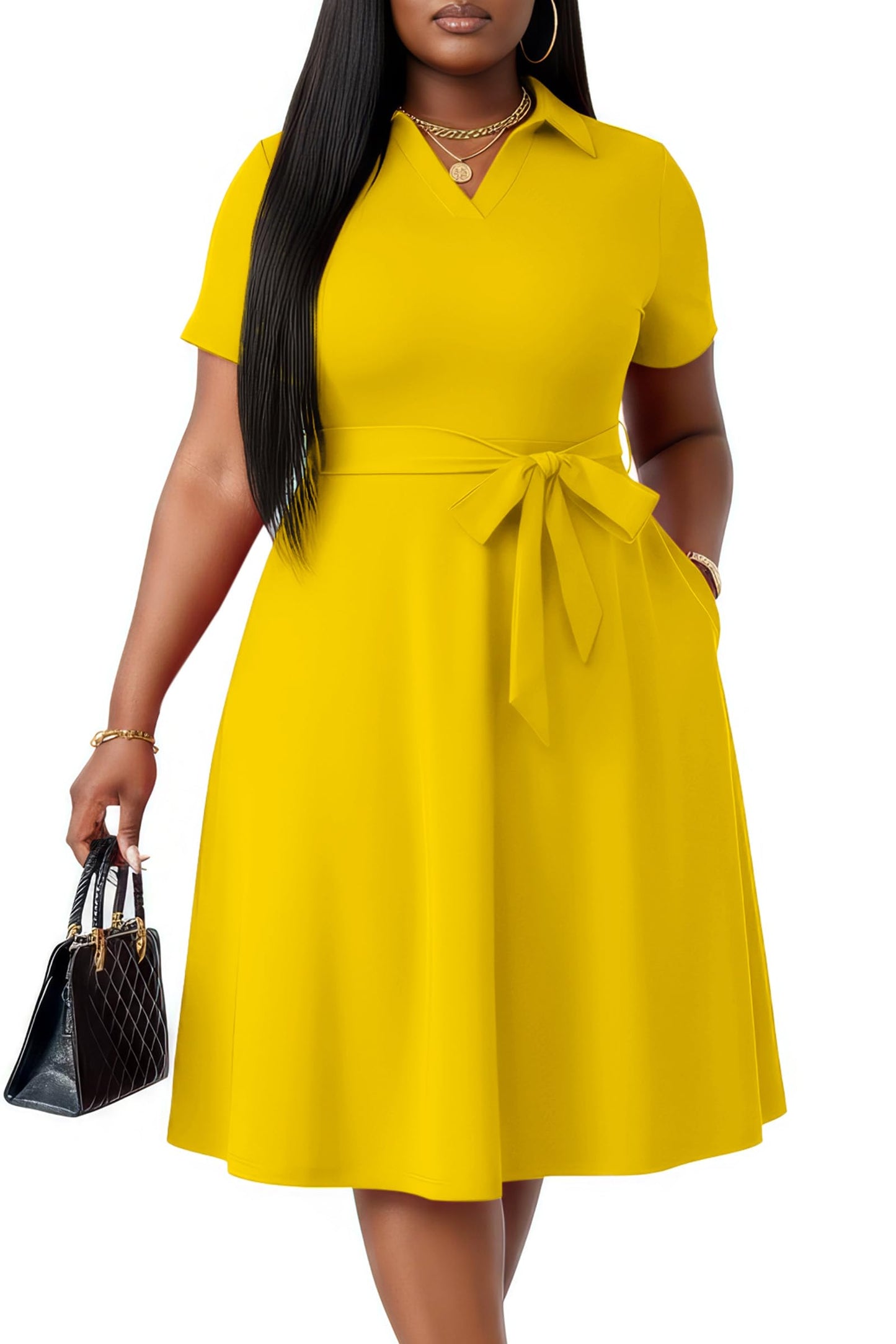 FANDEE Plus Size Dresses, Women Summer Casual V Neck Short Sleeve A-Line Work Cocktail Shirt Midi Dress with Belt and Pockets