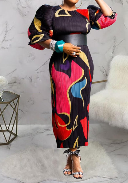 Women Colorful African Dress Floral Party Pleated Maxi Dress
