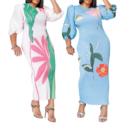 Women Colorful African Dress Floral Party Pleated Maxi Dress