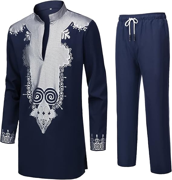 YND Men’s 2 Piece Set African Dashiki Shirt and Pants, Outfit with Gold Print