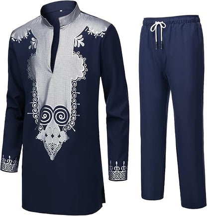 YND Men’s 2 Piece Set African Dashiki Shirt and Pants, Outfit with Gold Print