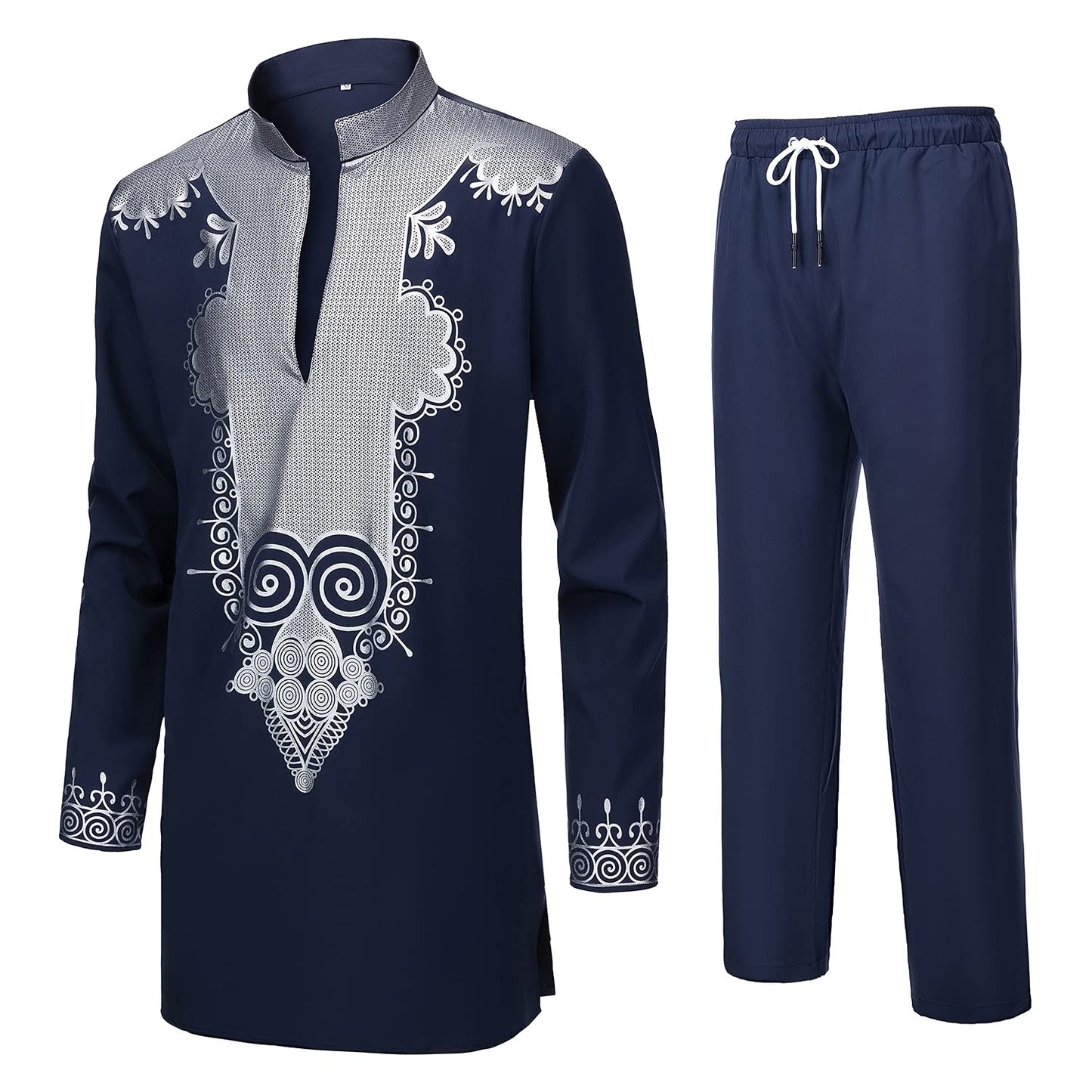 YND Men’s 2 Piece Set African Dashiki Shirt and Pants, Outfit with Gold Print