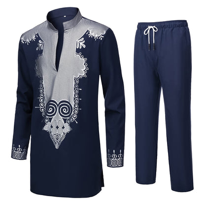 YND Men’s 2 Piece Set African Dashiki Shirt and Pants, Outfit with Gold Print