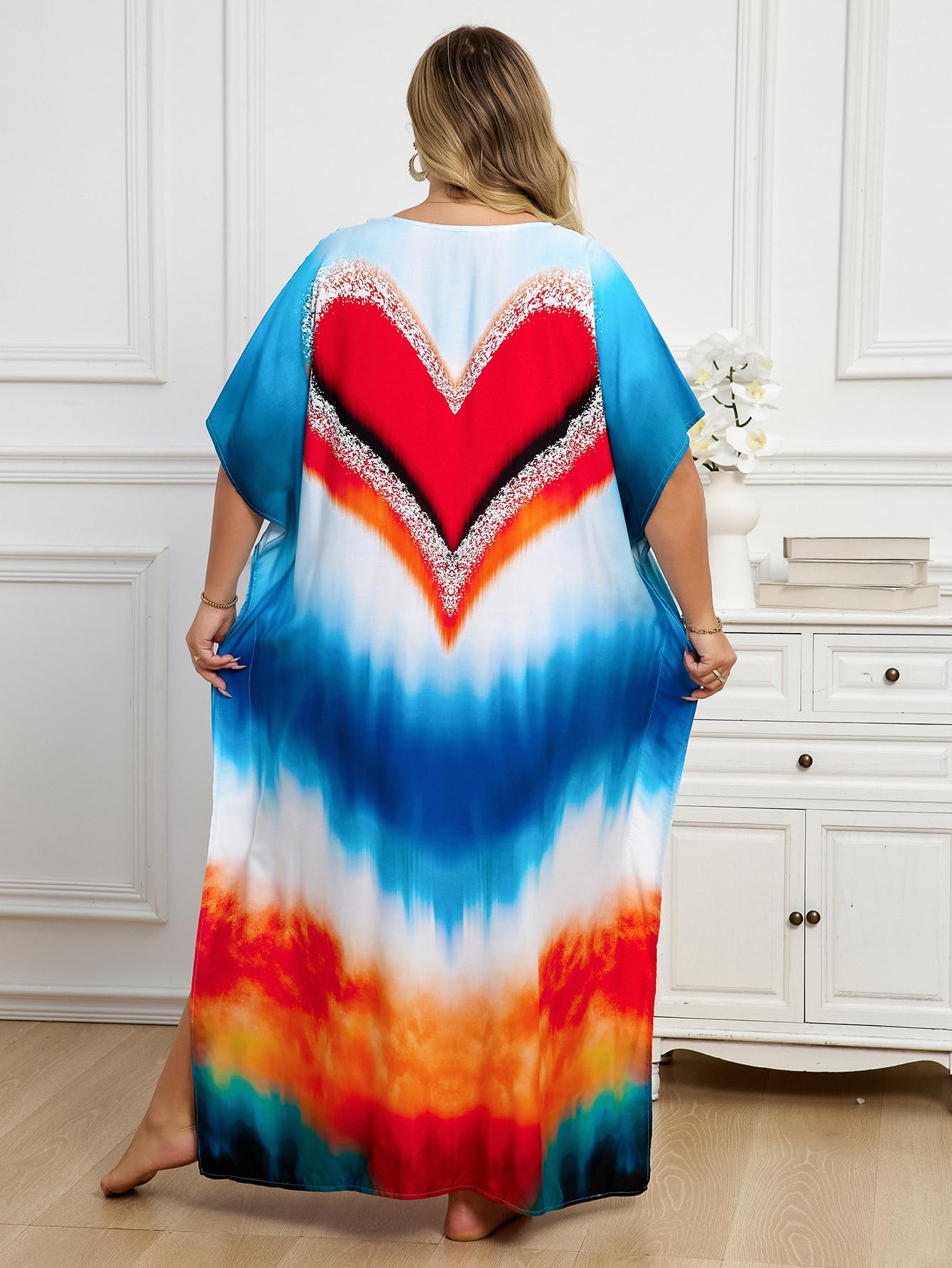 KECVOT Kaftan Dresses for Women V-Neck Print Swimsuit Cover Up Plus Size Beach Caftan Lounge Dress
