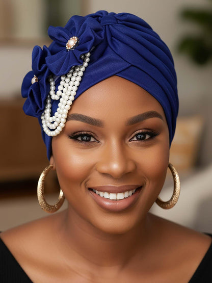 Woeoe Pearl Flower African Hats Pre-Tied Turbans Stretchy Twisted Church Wedding Head Wraps for Women