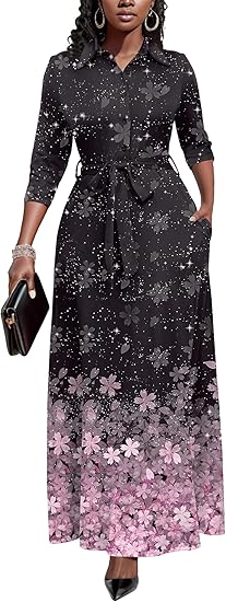 Runwind Women Church Maxi Dresses 3/4 Sleeve Button Down Print Casual Office Dress African