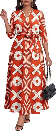 FANDEE African Attire Dresses for Women Elegant Print V Neck 3/4 Sleeve Belted Long Maxi Church Vintage Party Outfits