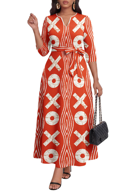 FANDEE African Attire Dresses for Women Elegant Print V Neck 3/4 Sleeve Belted Long Maxi Church Vintage Party Outfits